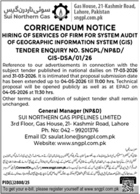 Hiring of Services of Firm for System Audit of Geographic Information System (GIS) - Sui Northern Gas Pipelines Limited
